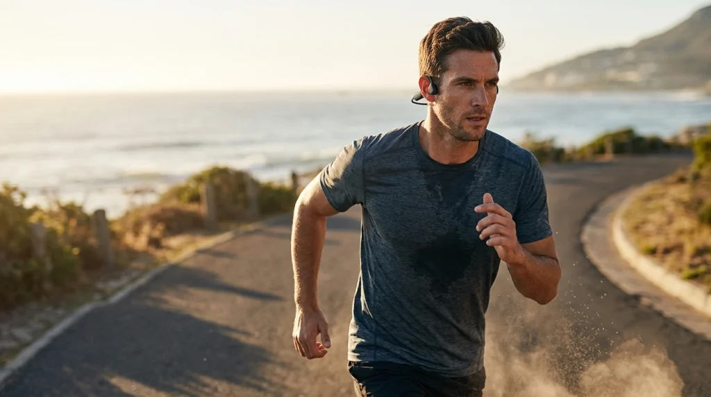 Professional runner / wearing open-ear audio gear / outdoor exercise safety