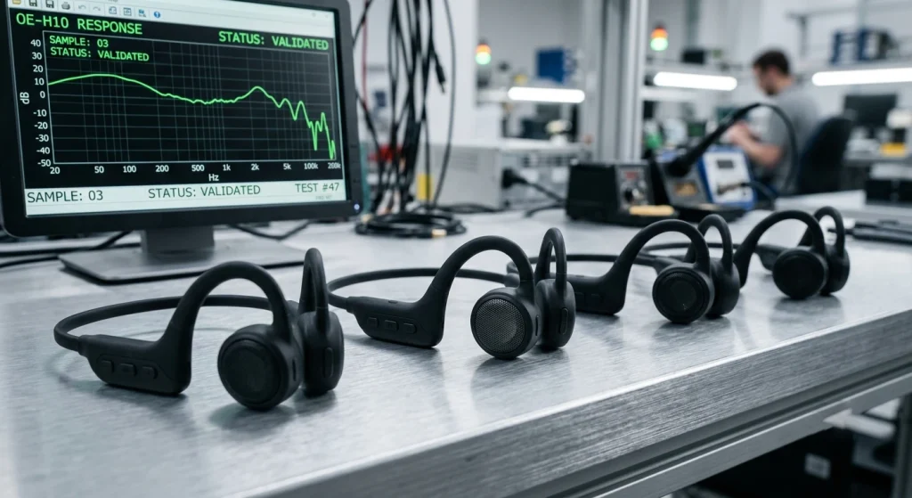 Multiple identical unbranded wireless bone conduction devices positioned symmetrically on an inspection bench for technical consistency validation