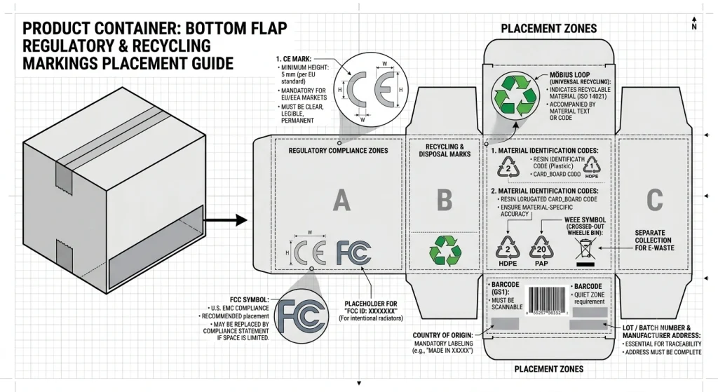 Close up configuration / showing regulatory CE and FCC labels / packaging compliance layout