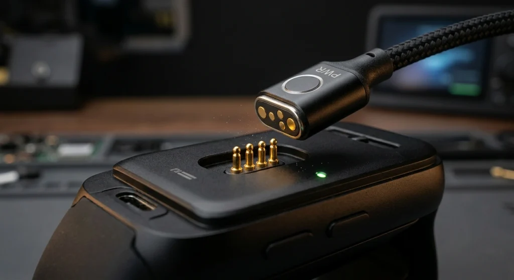 Gold-plated magnetic charging pins connecting with magnetic charger cable, corrosion-resistant hardware close-up