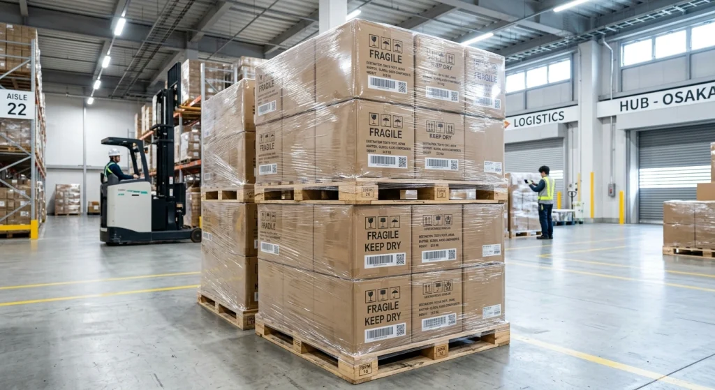 Secure cardboard export shipping boxes stacked neatly on standard wooden pallets, safe bulk product logistics