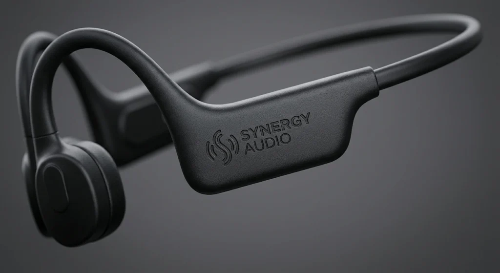 Macro detail of a crisp corporate emblem laser-engraved on a waterproof headphone frame to demonstrate branding accuracy.