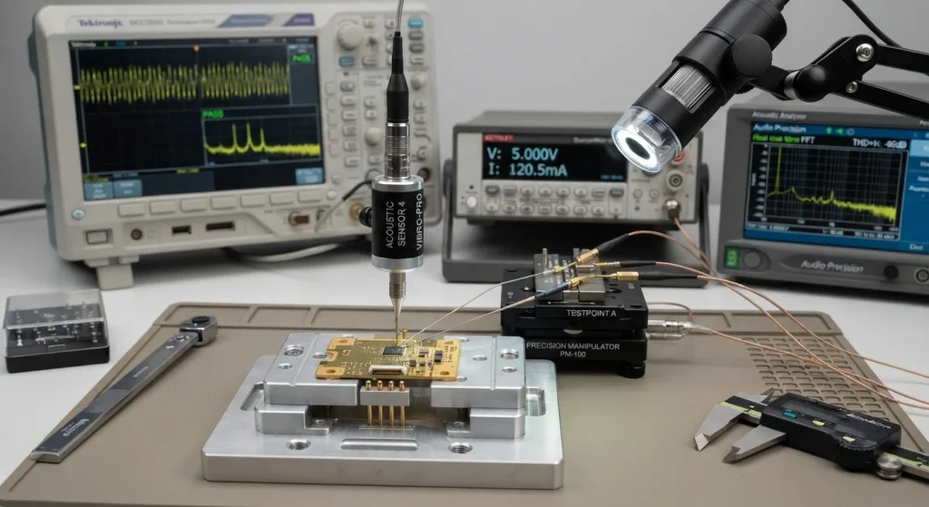 Precision acoustic testing / quality verification setup / electronics inspection station