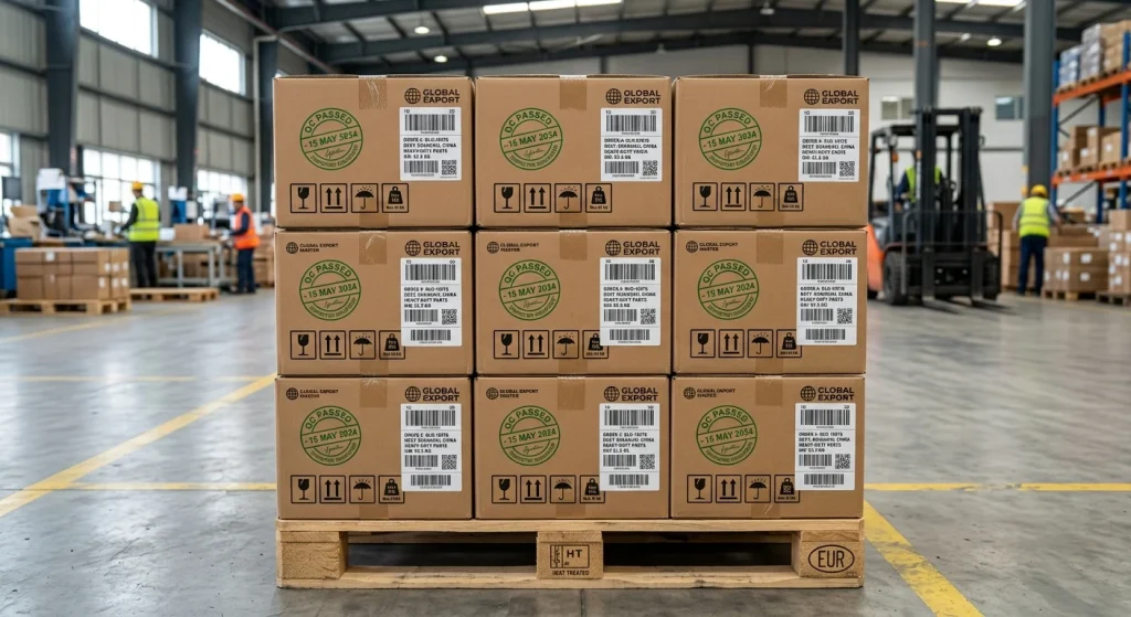 Stacks of heavy-duty cardboard master cartons bearing quality assurance validation markers prepared for secure international maritime shipping transit
