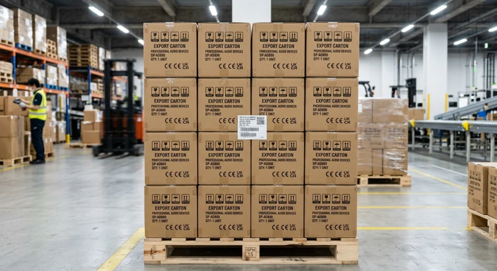 Heavy duty export cartons / stacked uniformly on shipping pallets / global e-commerce logistics layout