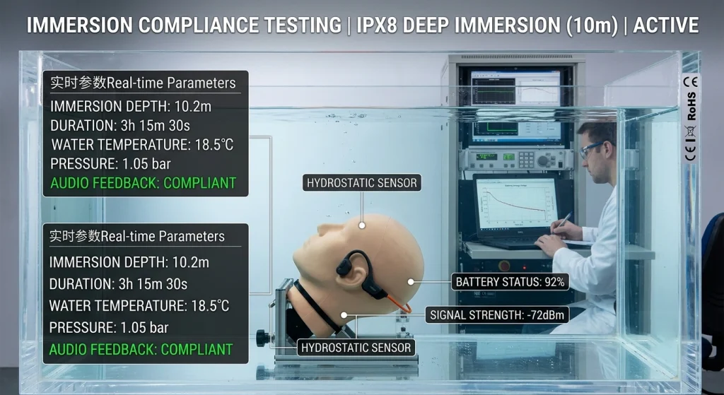 Technical equipment setup measuring deep-water submersion tolerance of an IPX8 swimming earphone for compliance verification.