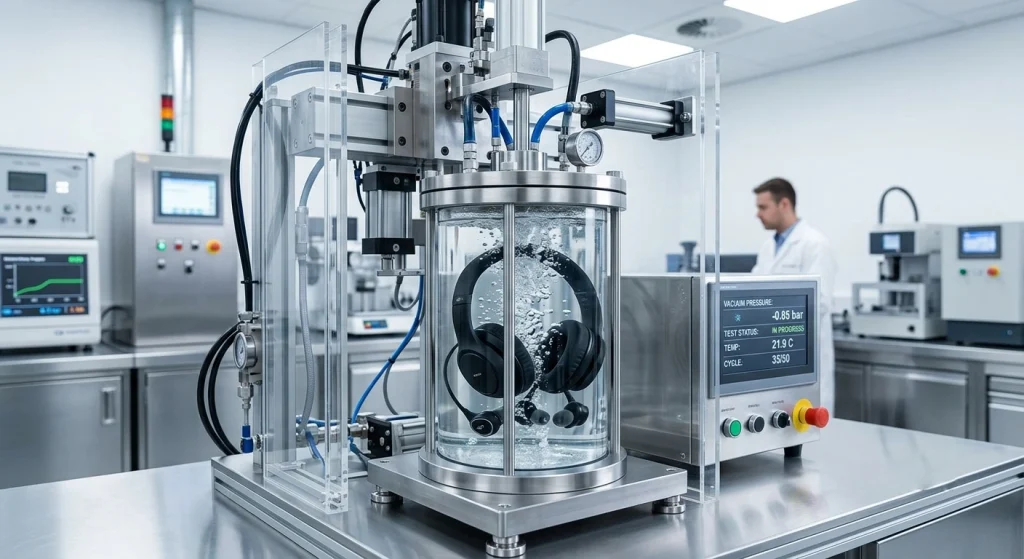 Vacuum pressure chamber testing waterproof seal integrity on sports headphones submerged in water.