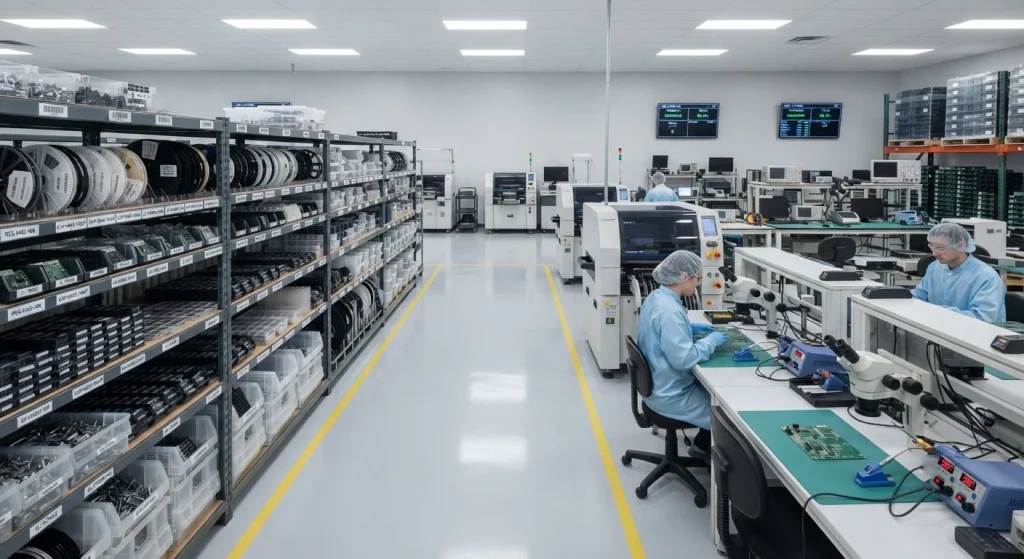 Electronic device assembly / clean manufacturing floor / wholesale audio production