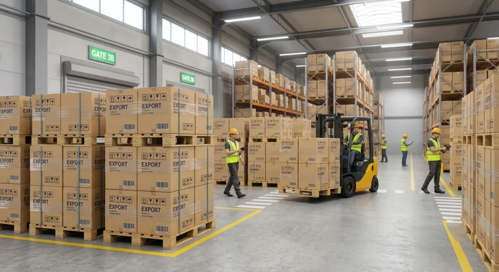 Organized export shipping cartons in a secure warehouse facility
