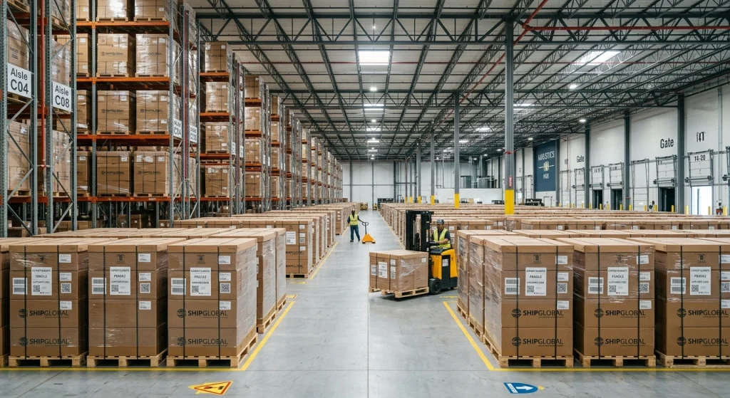 Organized export shipping cartons in a secure warehouse facility