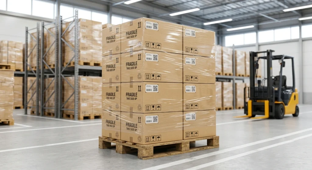 Heavy-duty cardboard export boxes stacked neatly on wooden pallets, safe bulk logistics packaging design