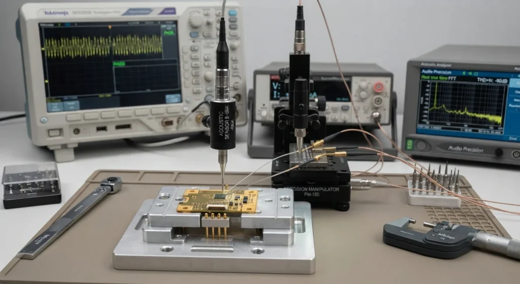 Acoustic quality testing / component verification setup / laboratory inspection station