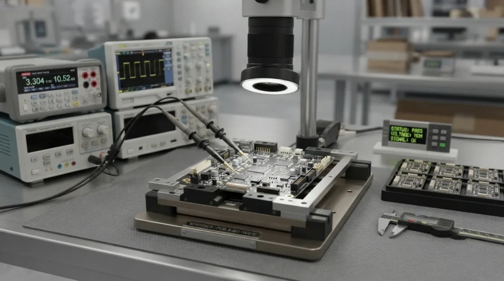 Quality control verification / electronics inspection setup / factory evaluation bench