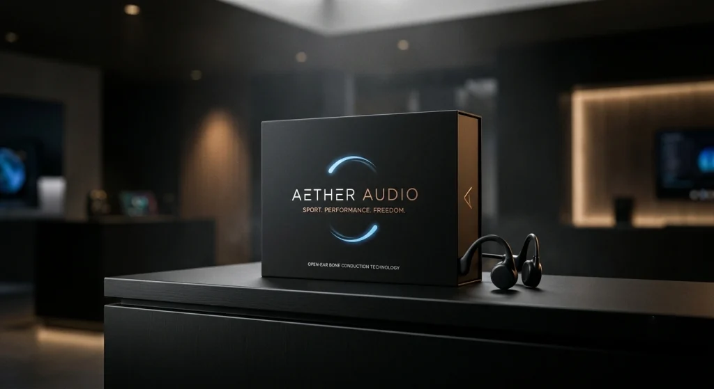 Minimalist retail box presentation / showing premium structural packaging layout / open ear audio display