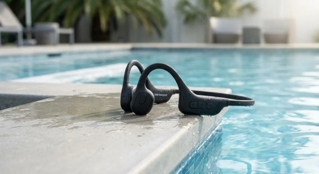 Minimalist wireless swimming headphones resting on clean concrete poolside, waterproof product presentation
