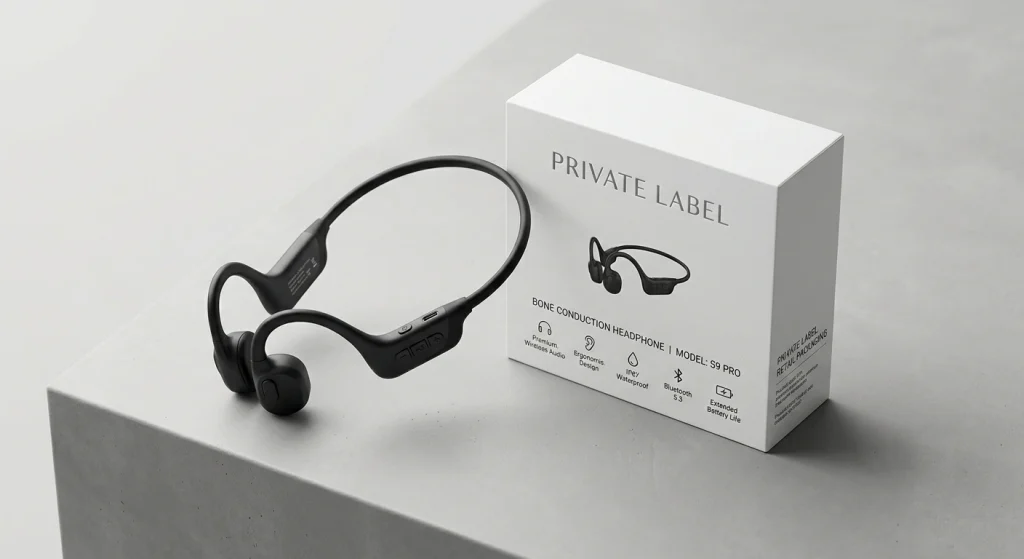 Minimalist desk setting / detail of a sleek black sports headset with customized brand packaging box / retail presentation use