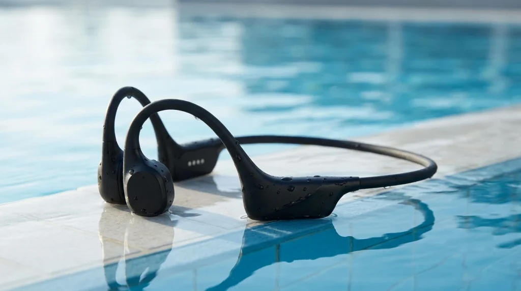 Matte black wireless swimming headphones with water droplets resting on a clean concrete poolside, waterproof audio hardware presentation