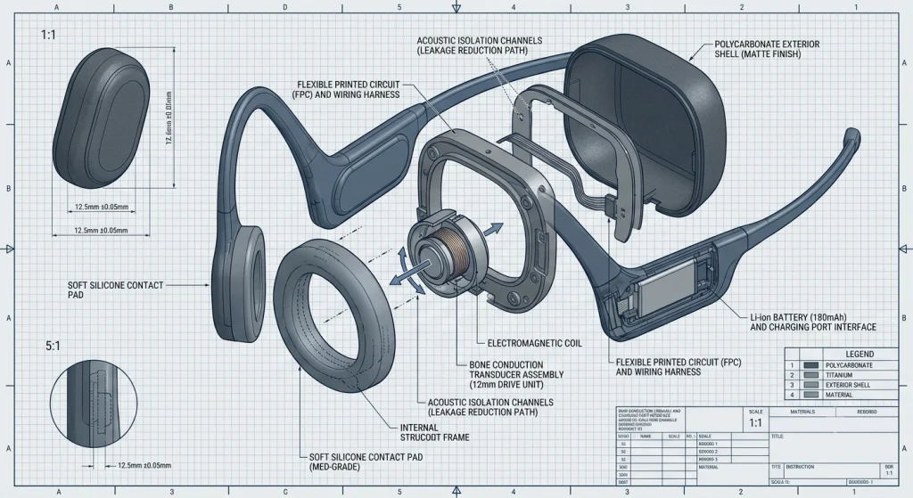 Close-up schematic detailing internal transducer chamber and acoustic isolation channels of an open-ear headphone.