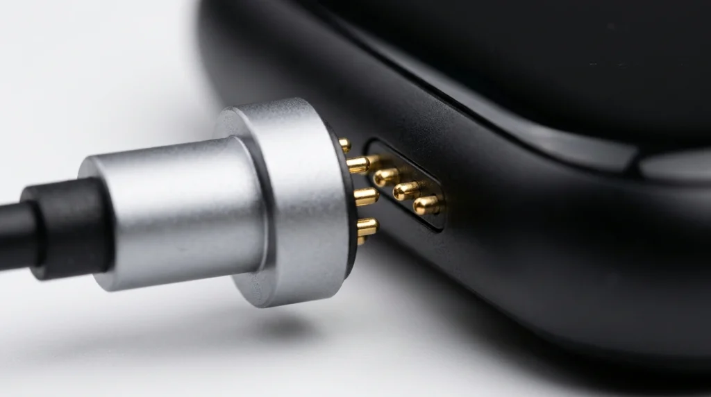 Gold-plated magnetic charging pins connecting with micro charger cable, technical hardware detail