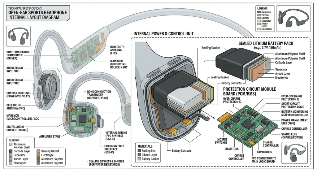 Macro detail of a protective circuit module integrated with a wireless audio device battery system to prevent overcharging.