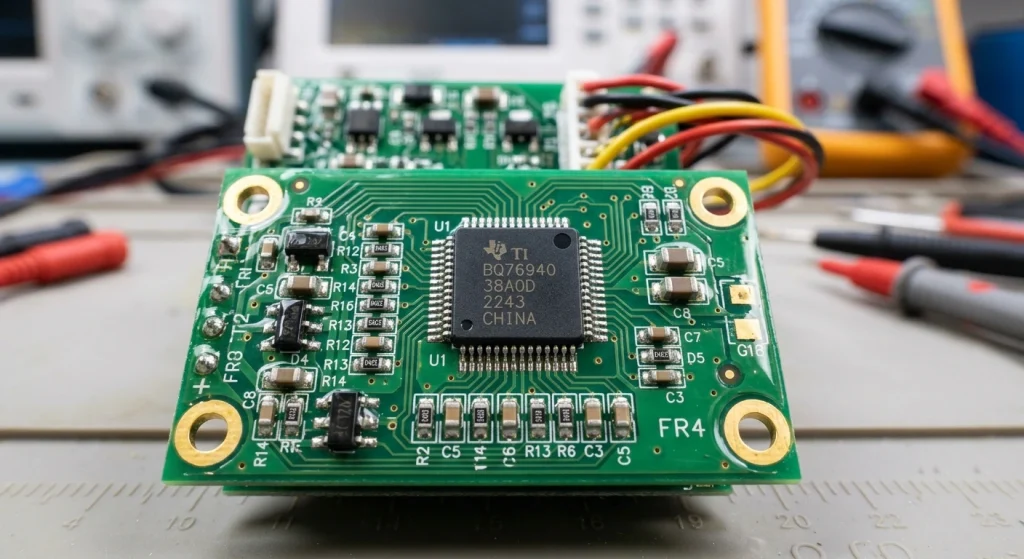 Close-up view of an electronic protection circuit board featuring precise component layouts for power safety management.