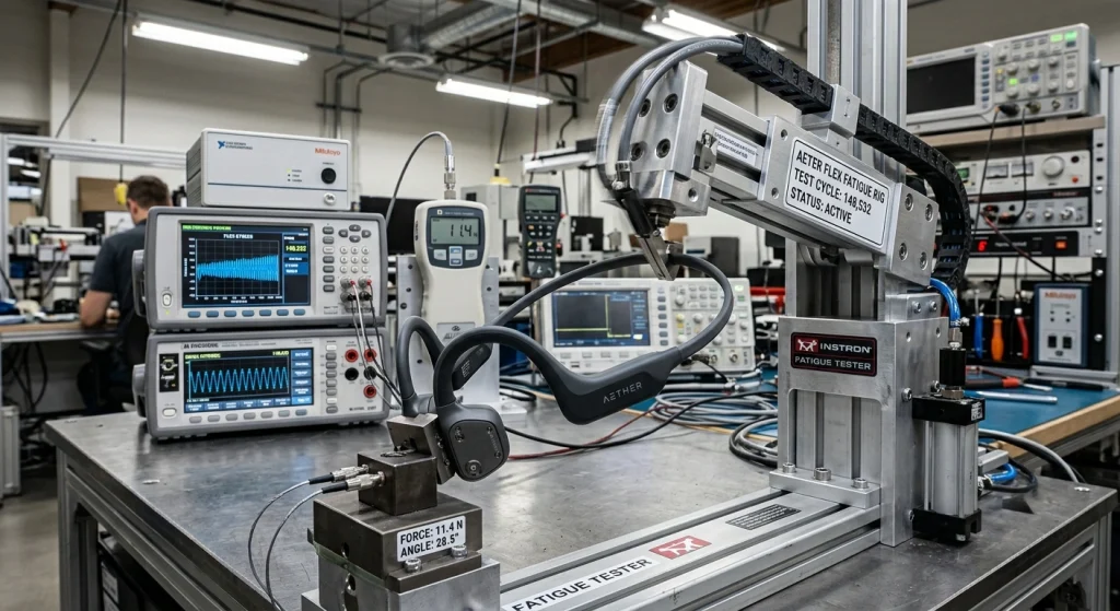 Automated industrial flex rig executing mechanical fatigue testing on a titanium memory wire neckband.
