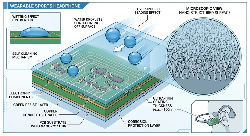 Microscopic rendering / protective nano-coating applied on a headset motherboard / water resistance safety test