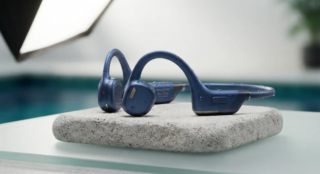Waterproof headphones for triathlon training displayed on a studio surface