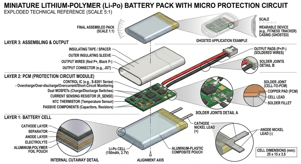 Technical exploded diagram / compact lithium-polymer battery cell connected to an integrated safety micro-circuit board / electrical engineering safety use