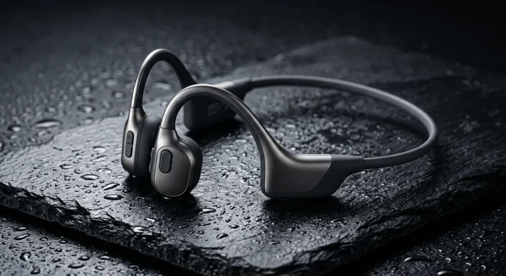 Sleek open-ear headphones engineered for a global bone conduction headphones distributor focusing on aquatic sports.