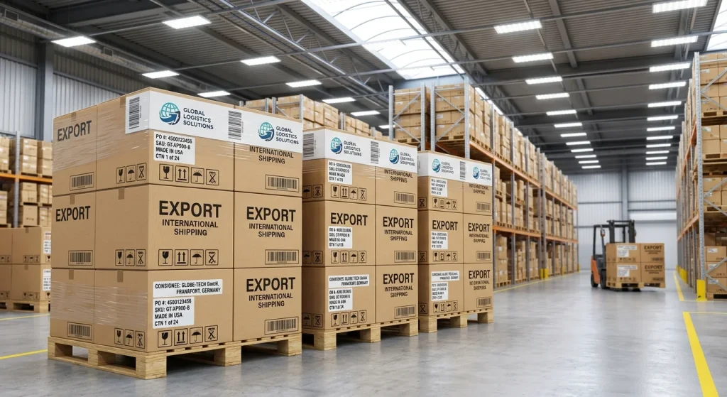 Neatly stacked export shipping cartons prepared for global B2B distribution and Amazon FBA prep.