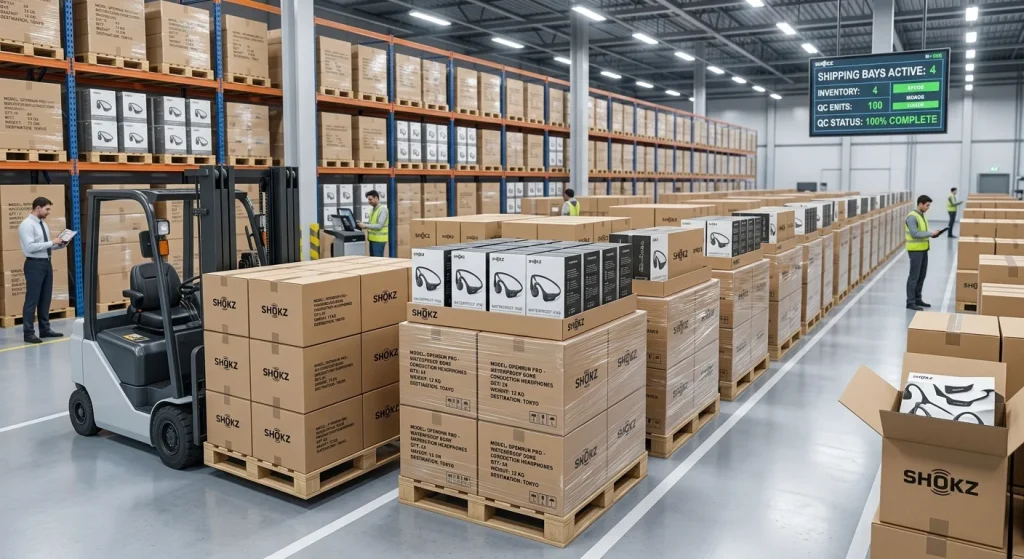 Stacked export packaging boxes prepared for international wholesale shipping and Amazon FBA fulfillment.