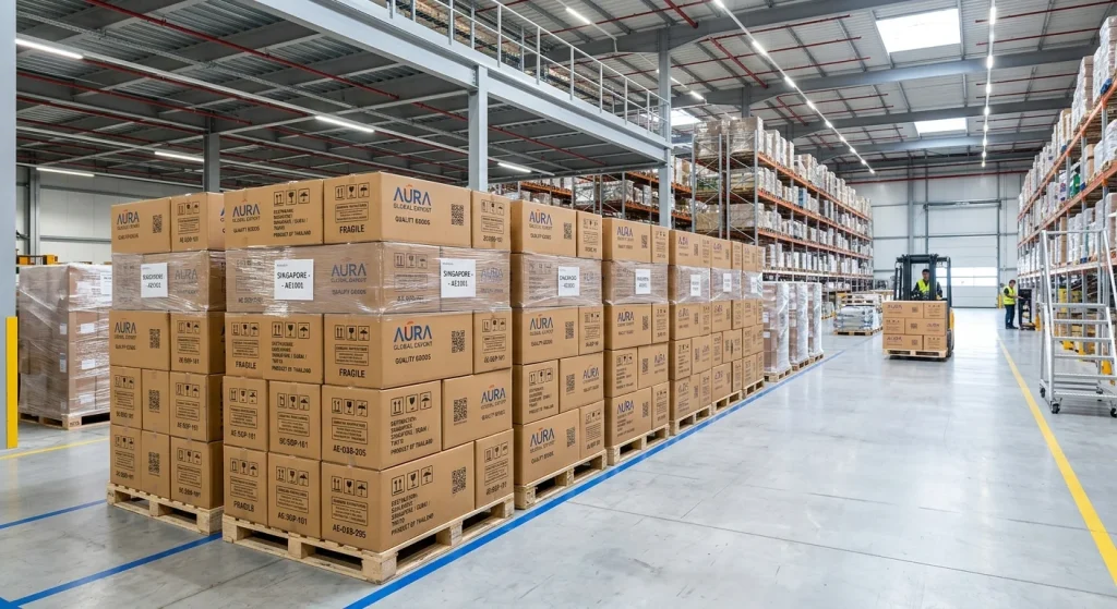Stacked export cardboard cartons prepared for international distribution and Amazon FBA delivery.