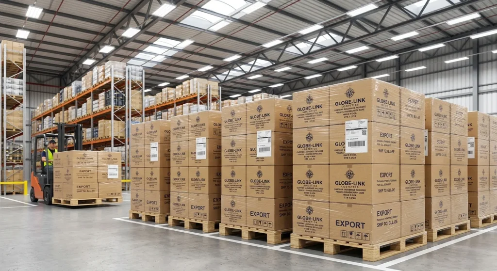 Stacked export shipping cartons prepared for global B2B distribution and Amazon FBA fulfillment.