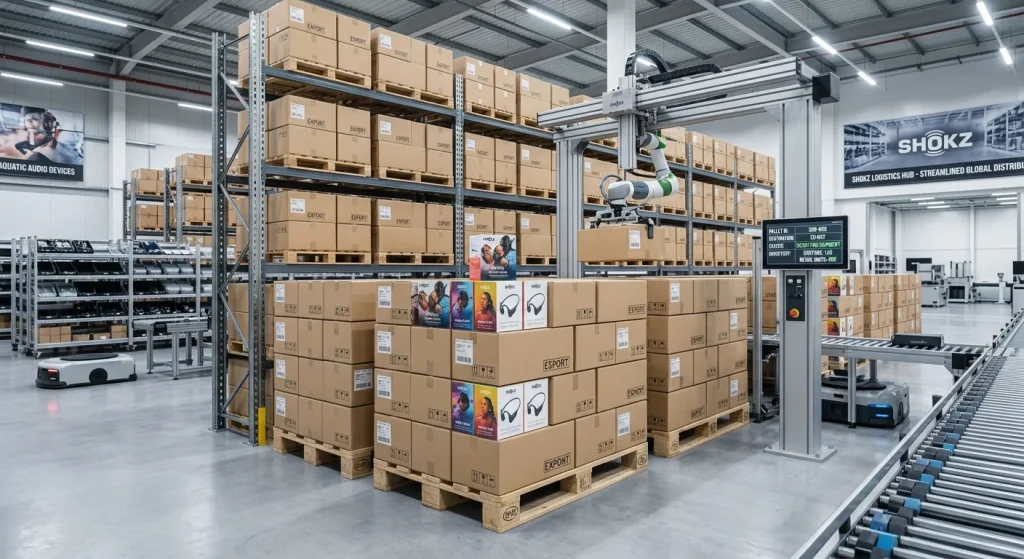 Stacked export packaging boxes prepared for international wholesale shipping and Amazon FBA fulfillment.