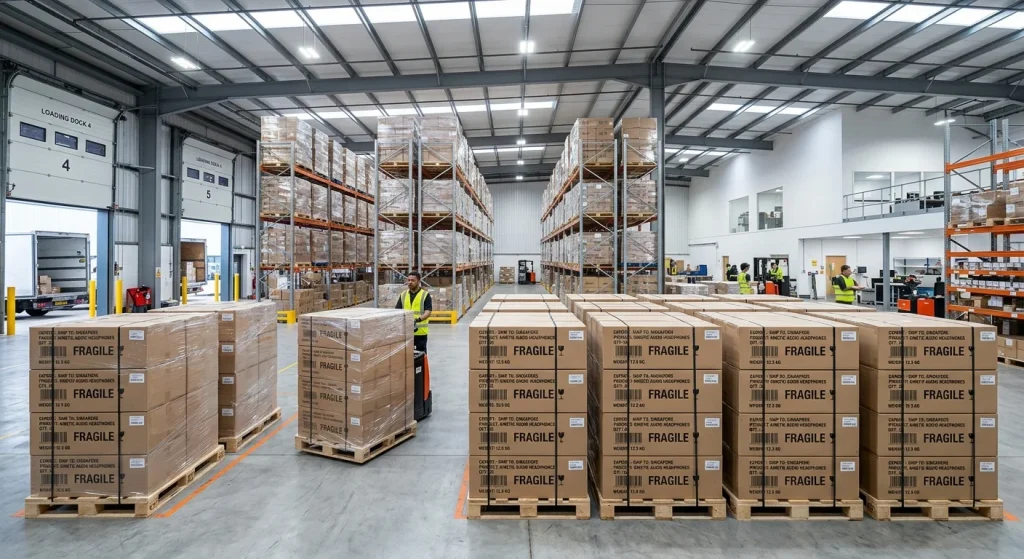 Stacked export cardboard cartons prepared for international distribution and Amazon FBA delivery.
