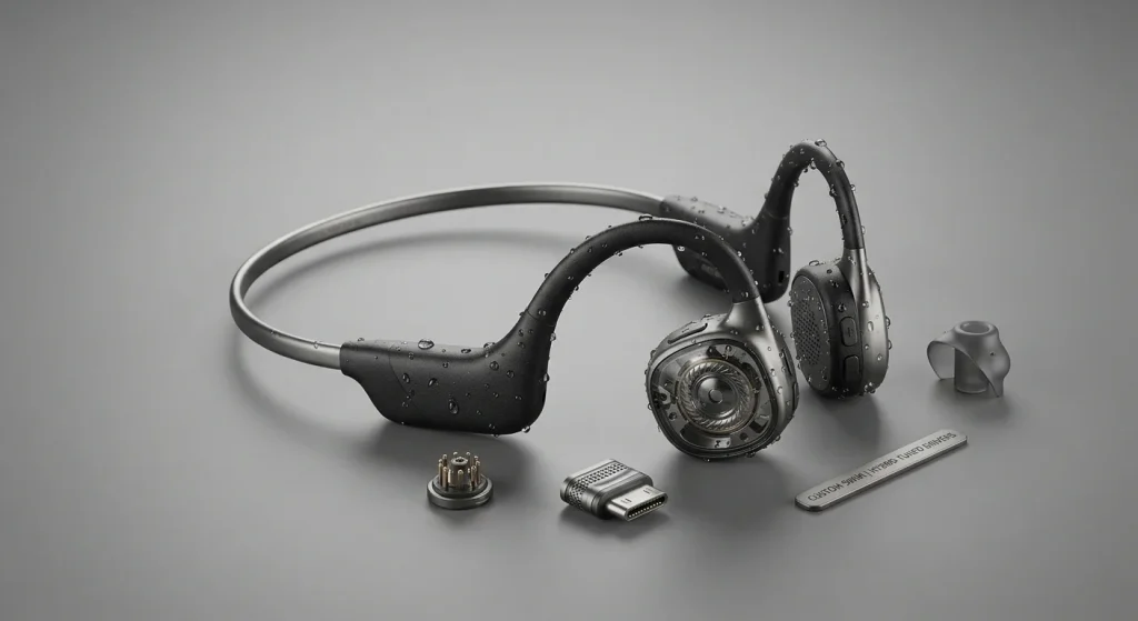 Professional open-ear design showcase for custom swimming headphones manufacturing.