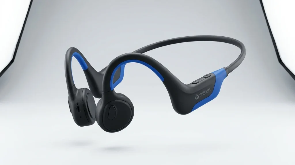 ergonomic open-ear headphones / water-resistant audio wearable / modern sports design