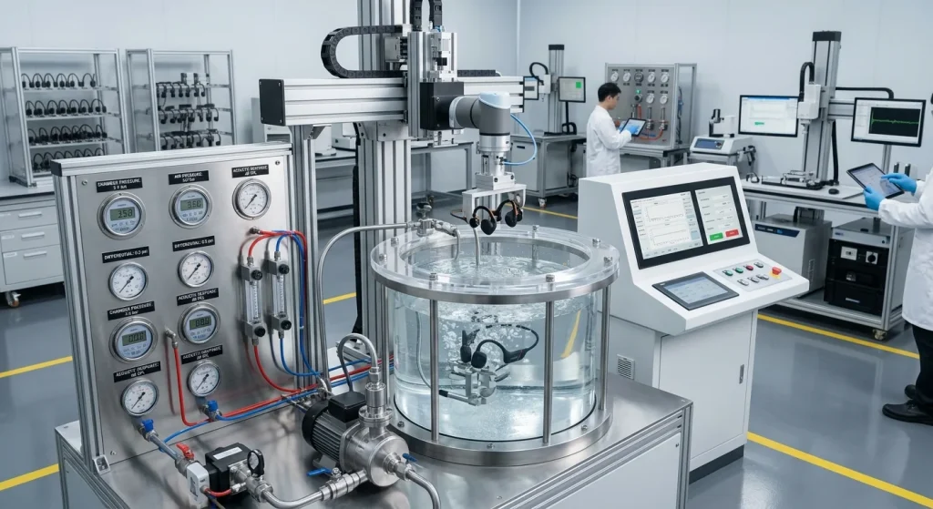 Industrial water submersion testing equipment validating IPX8 swimming headphones sealing.