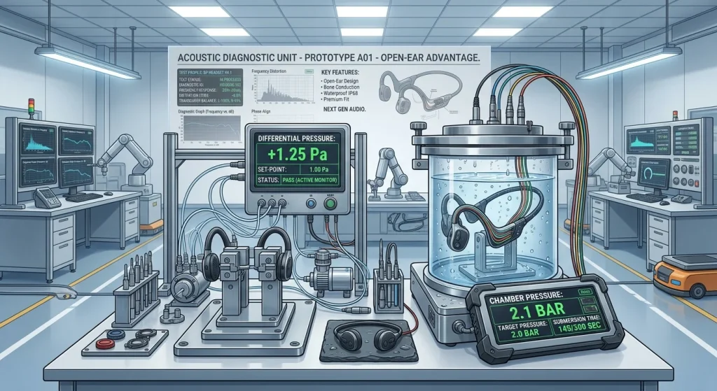 Industrial water submersion pressure testing chamber validating aquatic headphone waterproof sealing.