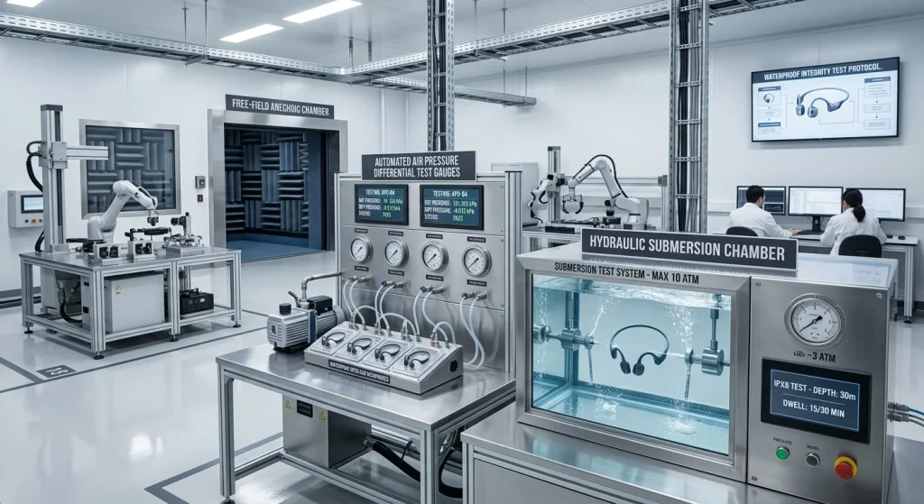 High-pressure water submersion chamber validating waterproof headphone structural sealing.