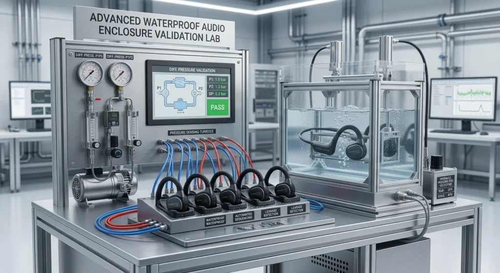 Air-pressure differential testing equipment validating structural sealing for IPX8 waterproof audio devices.
