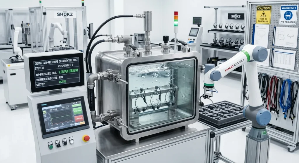 Precise water submersion pressure testing chamber validating aquatic headphone waterproof integrity.