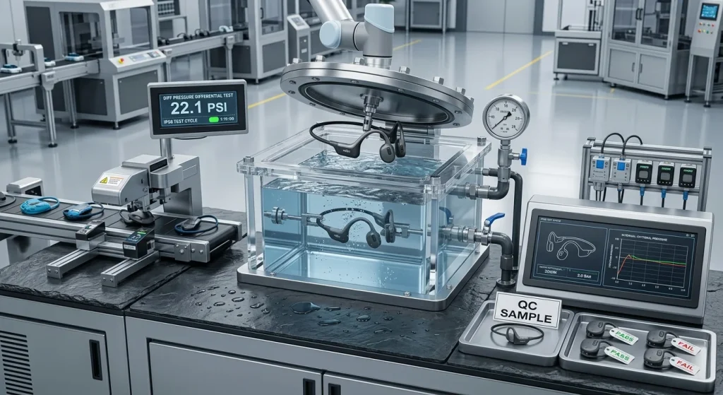 Precise water submersion pressure testing chamber validating aquatic headphone waterproof integrity.
