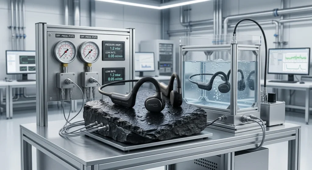 Industrial water submersion testing equipment validating IPX8 sports headphone sealing.