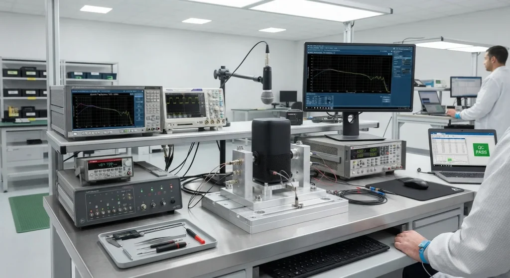 precision acoustic testing / hardware verification setup / laboratory inspection station