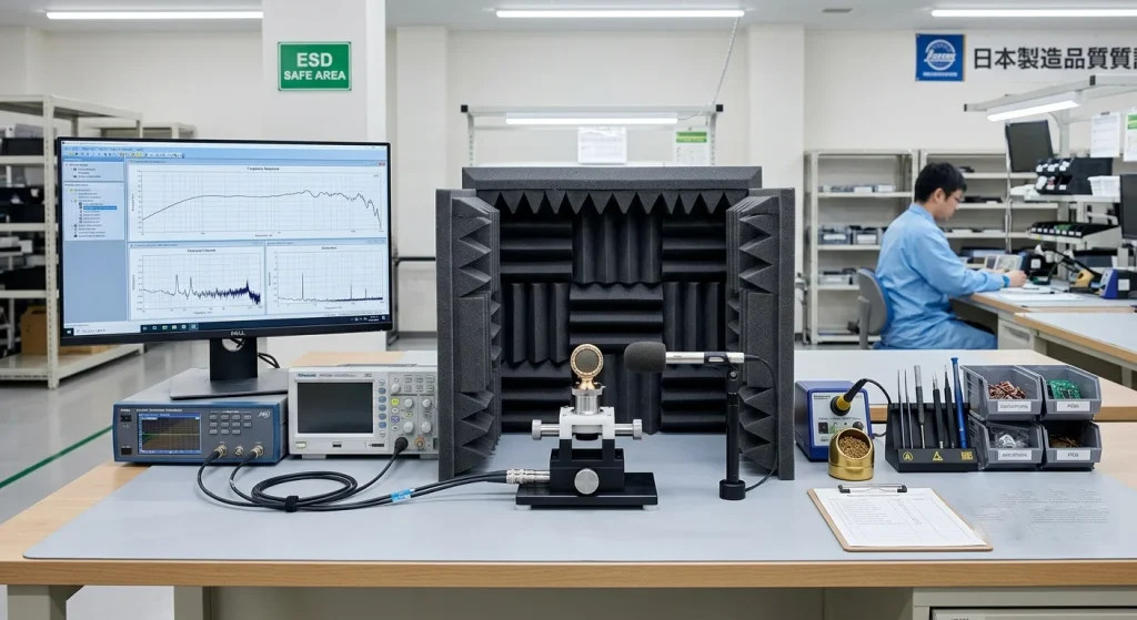 precision acoustic testing / hardware verification setup / laboratory inspection station