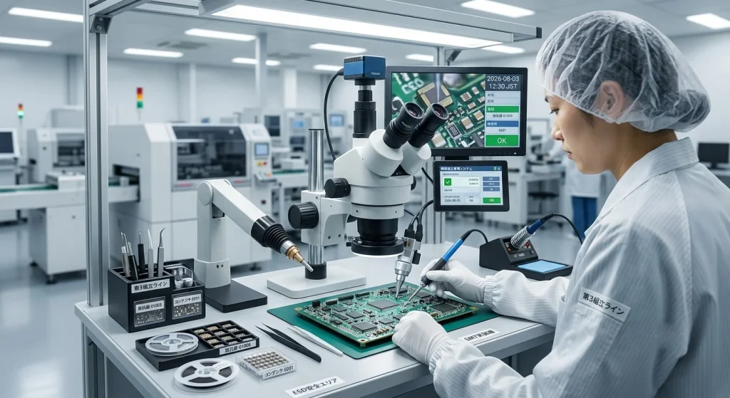 Electronic component assembly / hardware manufacturing floor / precision production setup