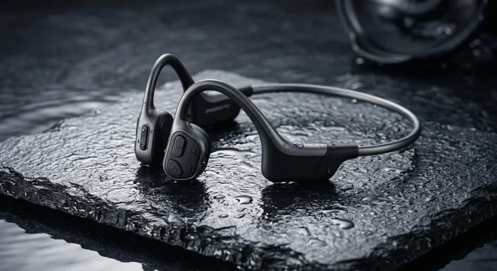 Professional swimming headphone factory showcase featuring open-ear bone conduction headphones for aquatic sports.