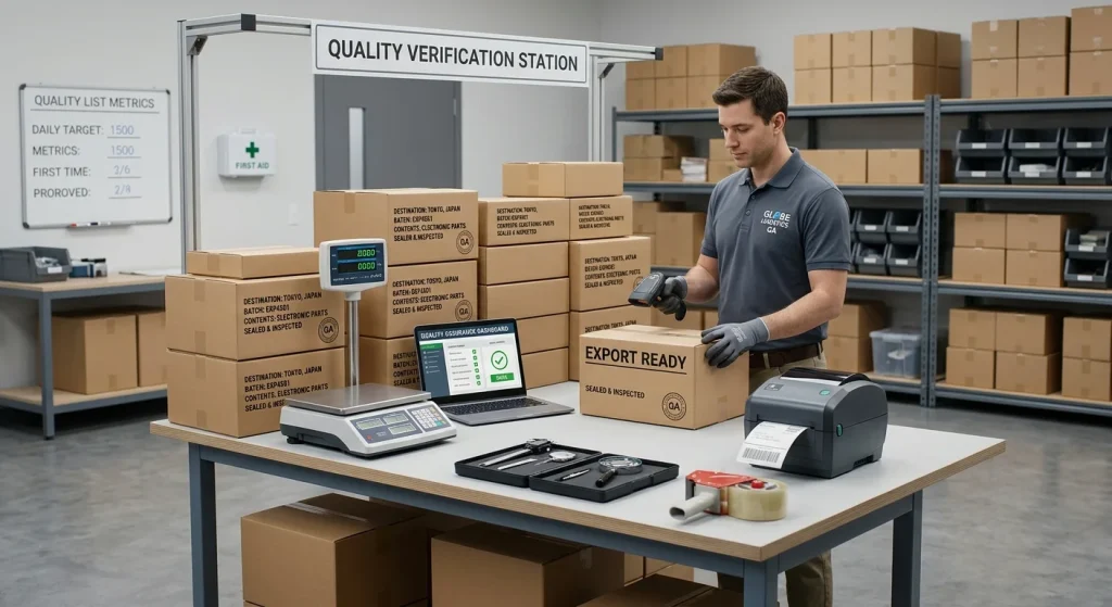 Export packaging verification / logistics staging area / wholesale distribution facility